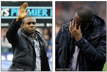 Muamba weeps during emotional return at the Reebok to thank Bolton and Spurs fans for support following his cardiac arrest