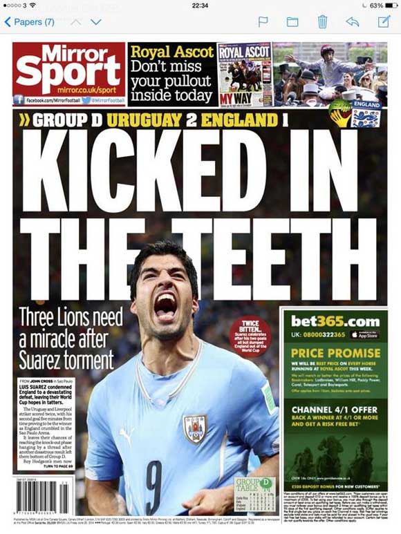 A crying Kai Rooney makes Sun front page, Backpages hail Luis Suarez’s brilliant brace after Uruguay 2 – England 1