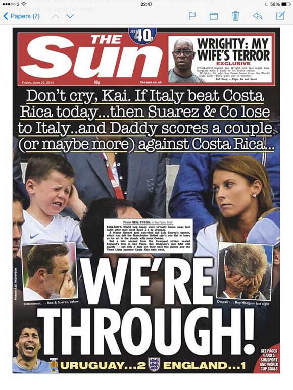 A crying Kai Rooney makes Sun front page, Backpages hail Luis Suarez’s brilliant brace after Uruguay 2 – England 1