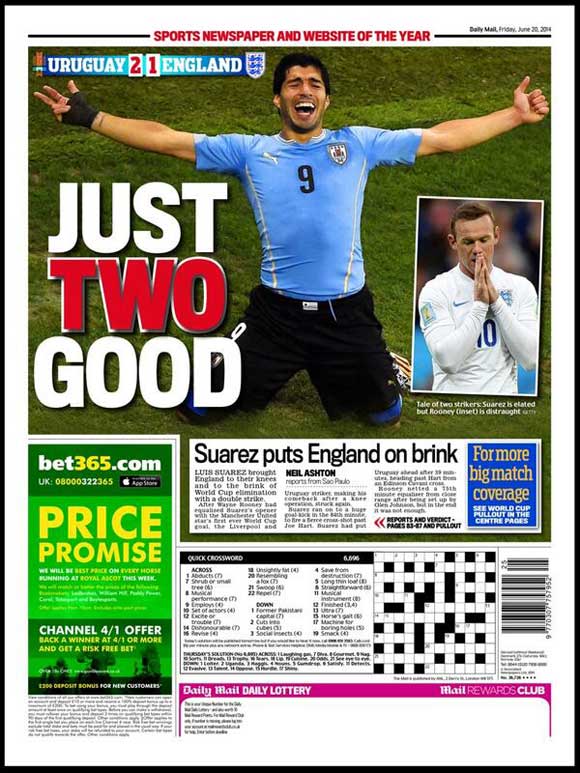 A crying Kai Rooney makes Sun front page, Backpages hail Luis Suarez’s brilliant brace after Uruguay 2 – England 1