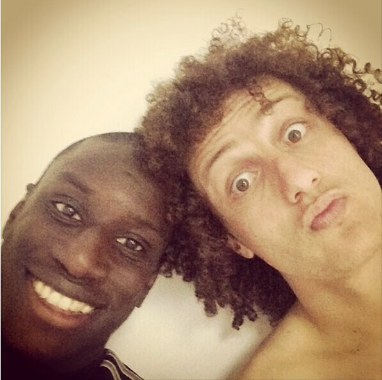 Eden Hazard & Demba Ba congratulate former Chelsea teammate David Luiz (Brazil) for winning goal v Colombia