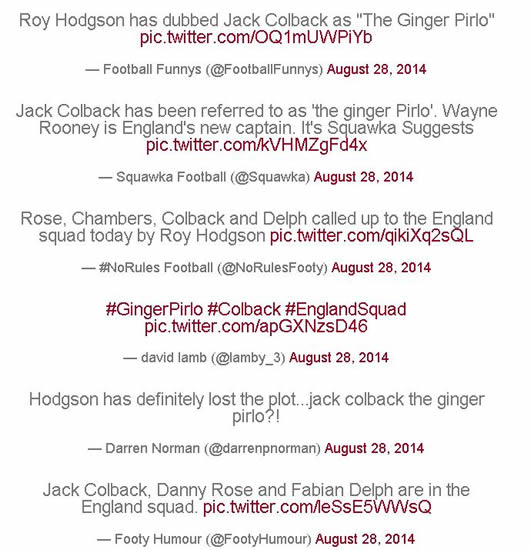 Twitter erupts as Roy Hodgson likens England new boy Jack Colback to a 'ginger Pirlo'