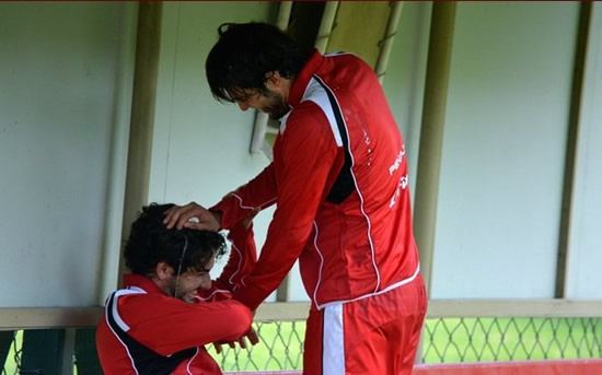 Pato and Kaka smash eggs on each other's heads during Sao Paulo training session