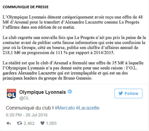 Lyon reject €35m Arsenal bid for France forward Alexandre Lacazette