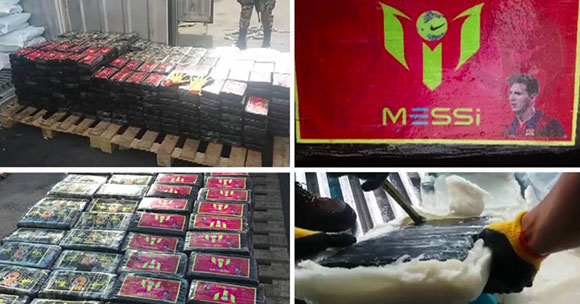 Police in Peru gather the $130m haul of cocaine featuring Lionel Messi wrapping.