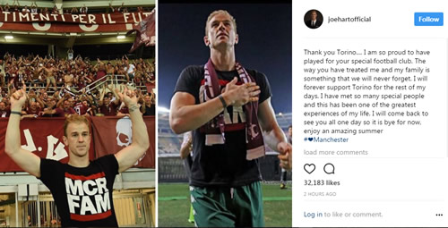 Joe Hart posts emotional farewell message to Torino fans on social media