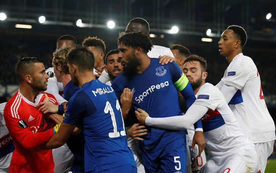 Everton star Ashley Williams fights Lyon players with FANS also getting involved in outrageous on-field brawl