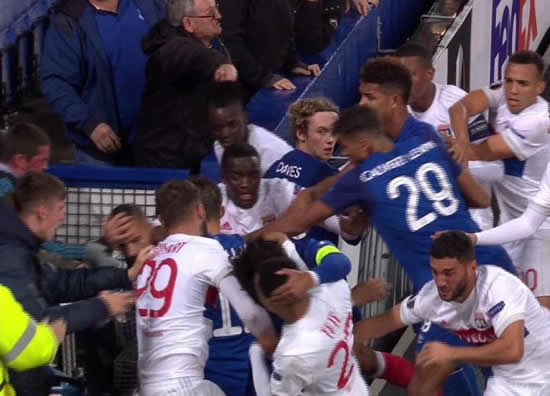 Everton star Ashley Williams fights Lyon players with FANS also getting involved in outrageous on-field brawl