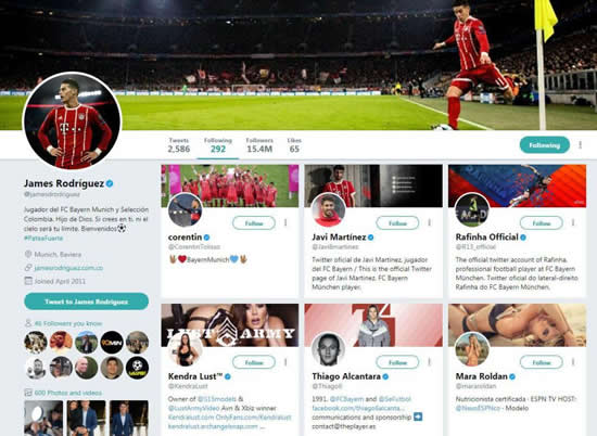 Porn star Kendra Lust and Bayern Munich ace James Rodriguez start following each other on Twitter
