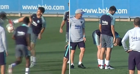 Denis Suarez kicks Vermaelen in the head during Barcelona training