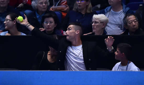 Cristiano Ronaldo in tennis ball catch fail at ATP Tour Finals in London as Cristiano Jr and Georgina Rodriguez chuckle at his butter fingers