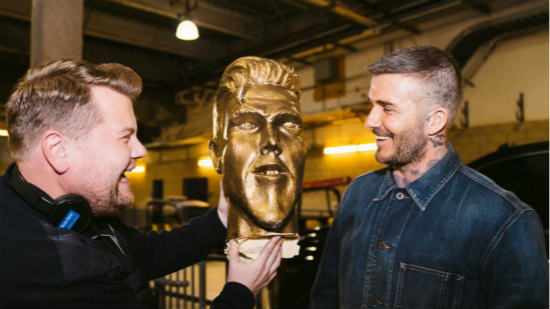 James Corden pranks David Beckham with horrible Ronaldo style LA Galaxy statue