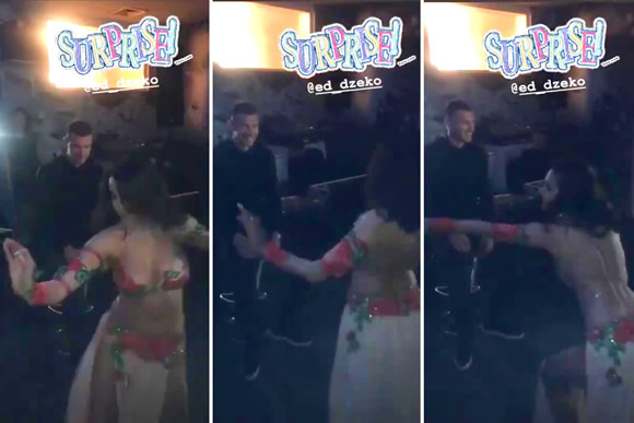 Ex-Man City ace Dzeko grins as near-naked belly dancer gives him personal birthday performance