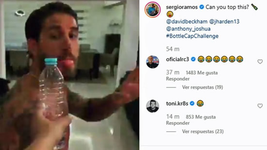 Ramos completes the bottle cap challenge... with his tongue!