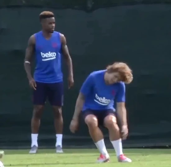 Watch hilarious moment Antoine Griezmann is nutmegged TWICE on first day of Barcelona training amid Atletico Madrid row