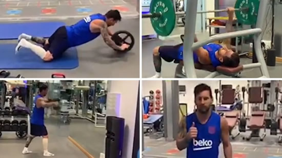 Messi works in the gym with a bandage on his leg