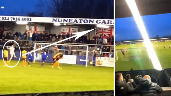 English goalkeeper takes a penalty but ends up breaking a light above the stand