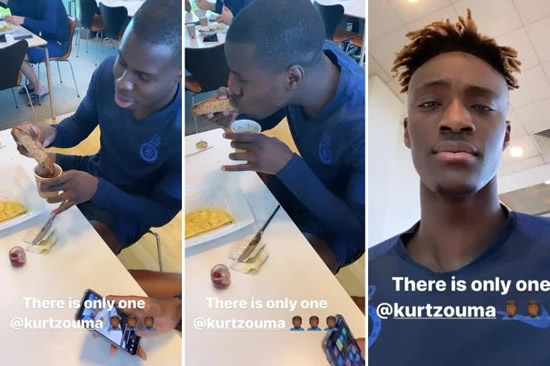 THAT'S BREADFUL Tammy Abraham jokes his disgust as Chelsea team-mate Kurt Zouma dips sandwich into hot chocolate at lunch