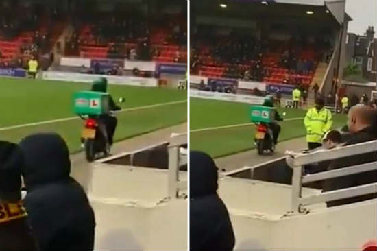Moped whizzes down touchline to deliver half-time pizza to fans at Leyton Orient vs Newport