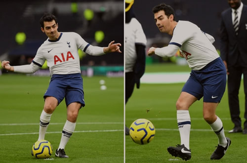 Watch pop star Joe Jonas’ woeful penalty while wearing full Spurs kit at Tottenham Stadium before Man City clash