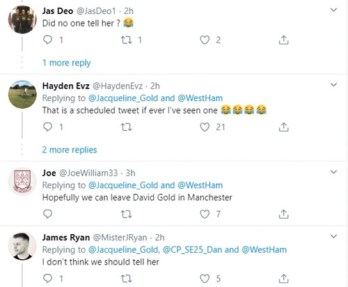 West Ham co-owner David Gold's daughter trolled after posting tweet wishing them luck in axed clash against Man City