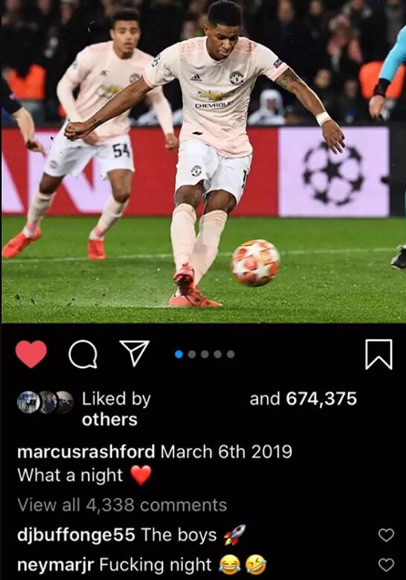 Neymar Leaves Hilarious Comment On Marcus Rashford's Manchester United Celebration Post