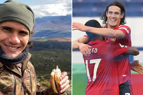 Man Utd nature lover Edinson Cavani hikes up hills in camouflage walking gear after scoring vs Everton