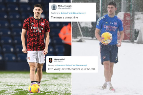 Kieran Tierney trains with Arsenal in freezing snowy conditions in just shorts & T-shirt as fans hail ‘Scottish psycho’