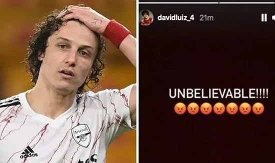 Arsenal star David Luiz breaks silence on 'unbelievable' red card in Wolves defeat