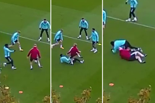Watch Thomas Partey wipe out Arsenal coach with wild two-footed lunge in training ahead of final-day Brighton showdown