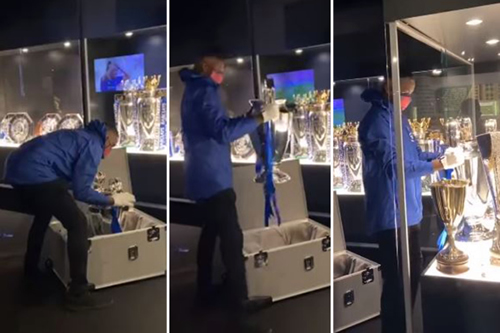 Watch Chelsea staff carefully place second Champions League trophy in their cabinet after its arrival at Stamford Bridge
