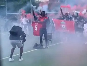 Ibrahima Konate celebrates Liverpool move with childhood friends as red flares are let off in wild scenes