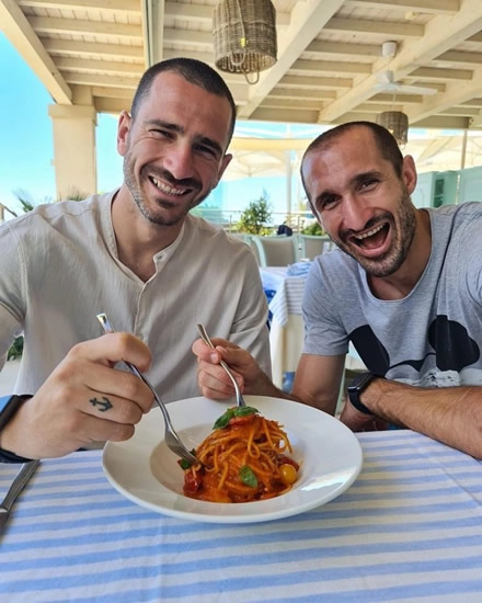 Bonucci trolls England AGAIN in cheeky Instagram pic as he and Chiellini chow down on pasta after Italy's Euro 2020 win