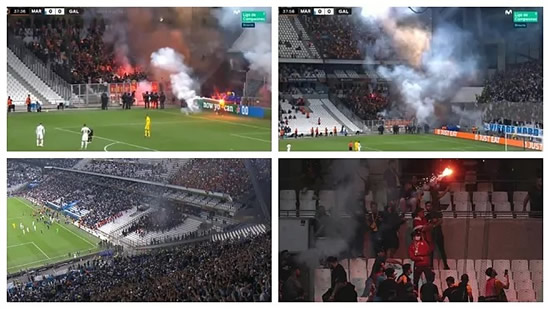 Marseille vs Galatasaray stopped as flares are thrown onto the pitch