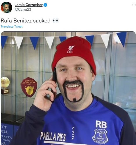 Jamie Carragher leads Liverpool fans mocking Everton over ‘agent’ Rafa Benitez sacking with hilarious social media memes