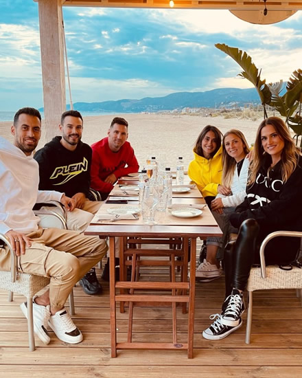 BEACH BAR-CA Lionel Messi and wife Antonela jet to Barcelona for lunch with old pal Sergio Busquets at Luis Suarez’s beach restaurant