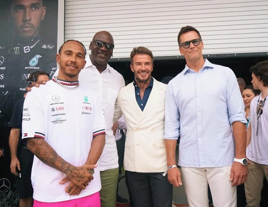 LEW'S WHO Lewis Hamilton poses with David Beckham, Tom Brady and Michael Jordan as US sporting royalty flock to F1’s Miami G