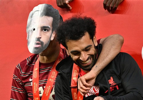 Liverpool ace Thiago pays tribute to Mo Salah after forward limped off in FA Cup final by wearing a mask of his face