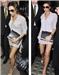 Short and sweet: Posh wore a thigh-skimming lavender ensemble but it her legs looks decidedly wrinkly around the knees