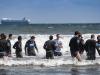 Newcastle players cool down with a dip in the North Sea