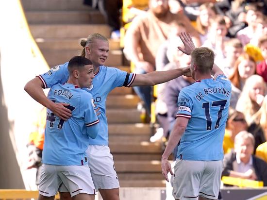 Erling Haaland scores again as Manchester City go top after win at 10-man Wolves