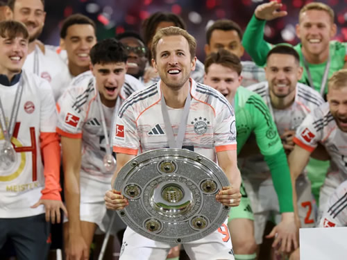 HOPS & GLORY Harry Kane DRENCHED in beer in TV interview as he celebrates with proud family on pitch after FINALLY lifting a trophy