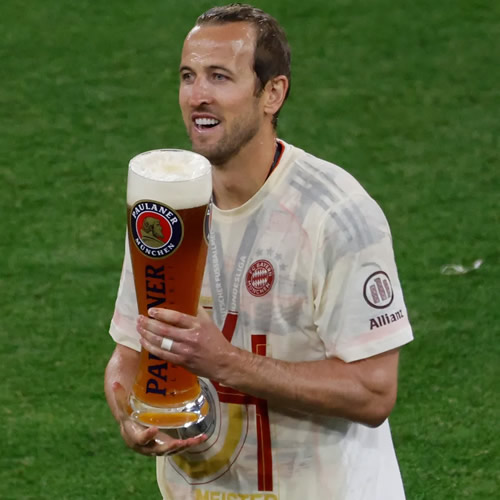 HOPS & GLORY Harry Kane DRENCHED in beer in TV interview as he celebrates with proud family on pitch after FINALLY lifting a trophy