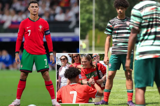 Cristiano Ronaldo Jr, 14, given dad’s number and strikes iconic pose as he makes Portugal debut with grandma watching