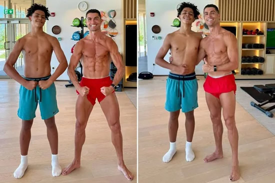 Cristiano Ronaldo and son Cristiano Jr show off their abs together but fans all spot shocking detail
