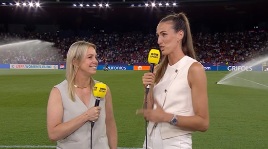 MATCH OF THE SPRAY BBC host and Jill Scott forced to run off screen live on air as Gabby Logan left grimacing during Lionesses vs Sweden