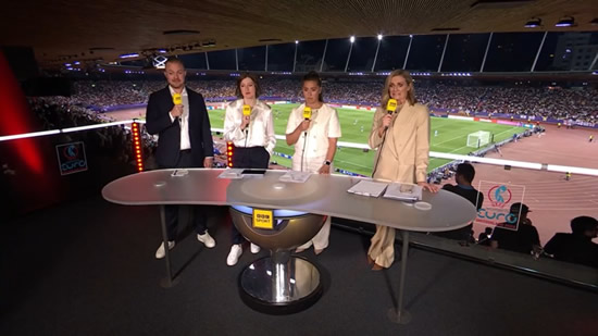 MATCH OF THE SPRAY BBC host and Jill Scott forced to run off screen live on air as Gabby Logan left grimacing during Lionesses vs Sweden