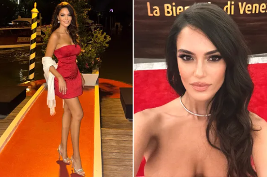 Glamorous Champions League host Eva Murati shows off stunning figure in tiny red dress before returning to day job