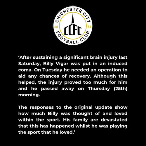 PLAYER TRAGEDY Billy Vigar dead: Ex-Arsenal star dies aged just 21 after suffering brain injury hitting head during Chichester match