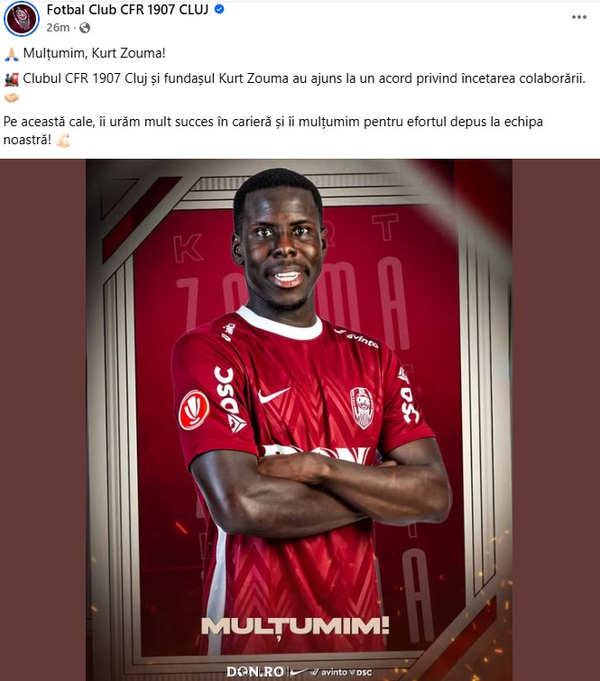 Ex-West Ham captain Zouma terminates CFR Cluj contract after 4 matches